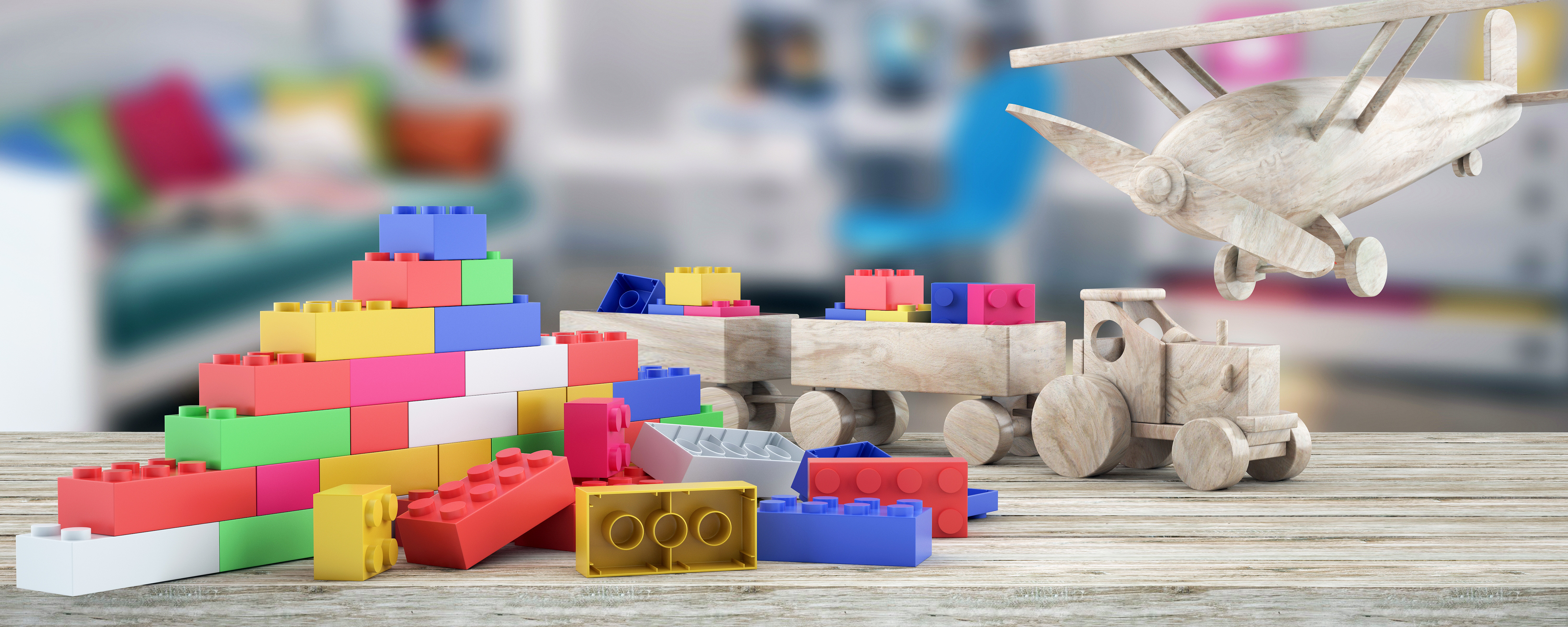 Plastic building blocks,plane and blur background